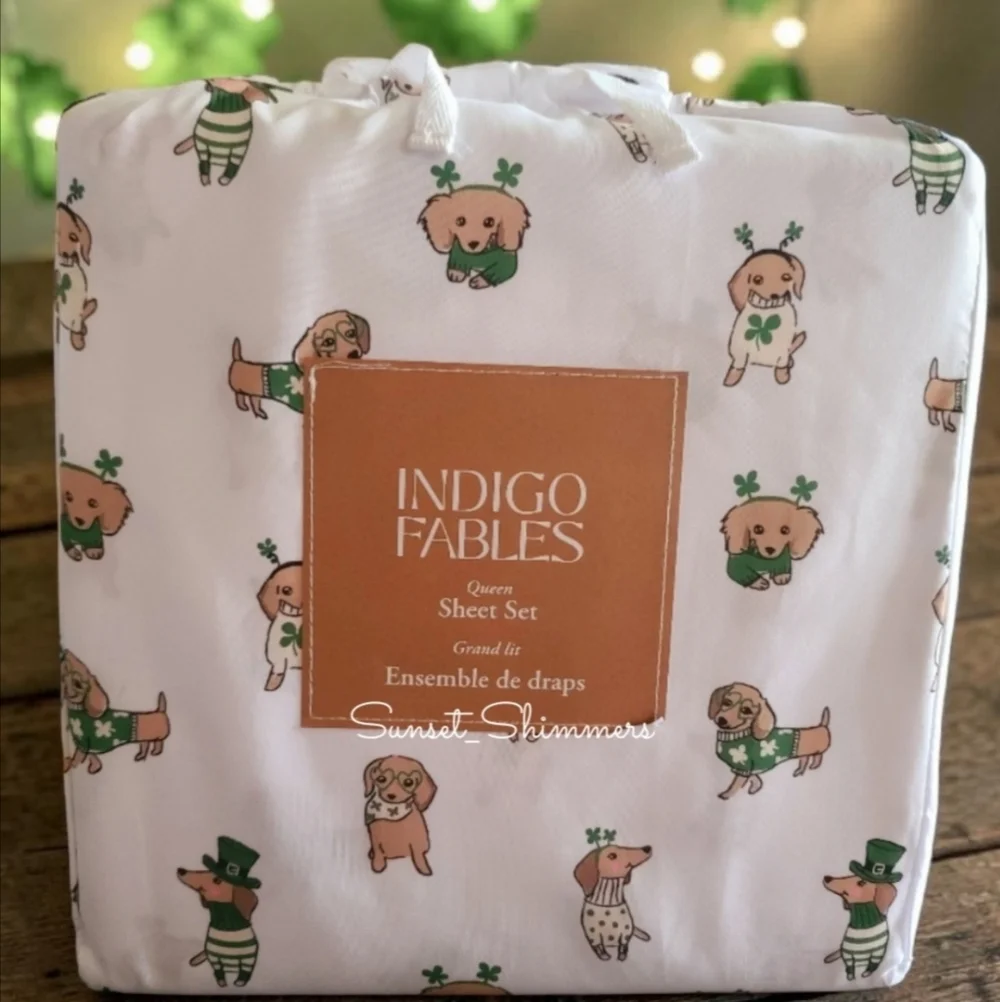 St Patricks Day Dachshund DOG Weiner Doxie Lucky Clover Queen Bed Sheet Set New